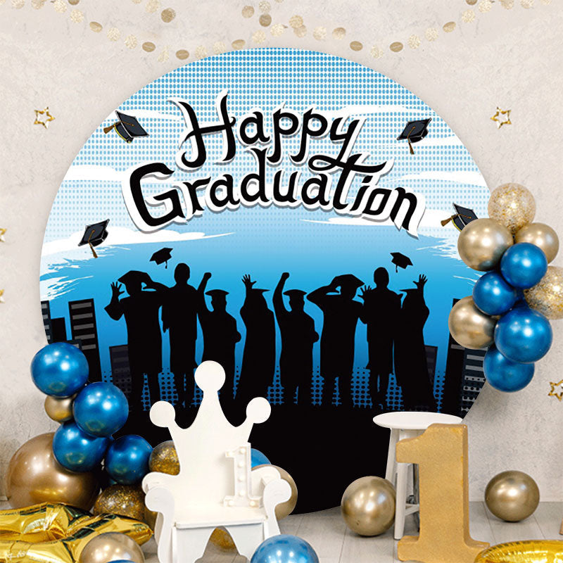 Aperturee - Blue Black Round Happy Graduation Party Backdrop