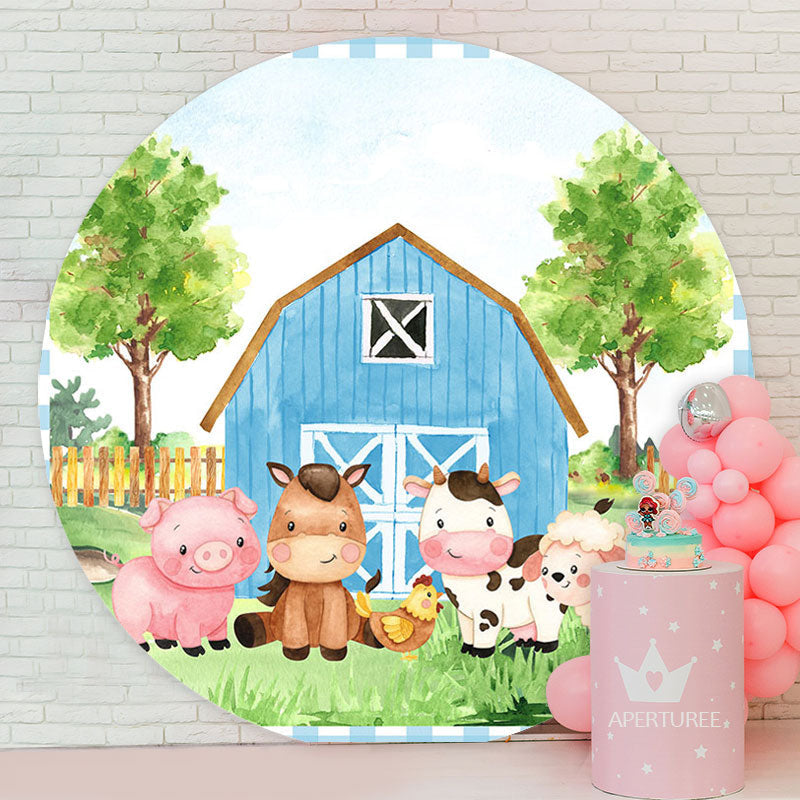 Aperturee - Blue Farm Cartoon Animal Baby Shower Backdrop