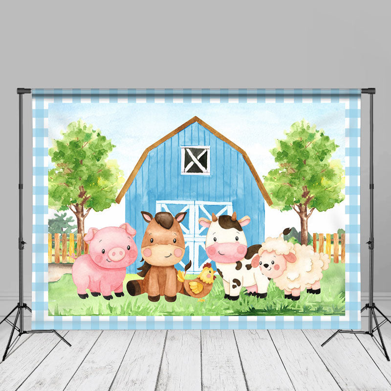Aperturee - Blue Farmhouse Animals Forest Photography Backdrop