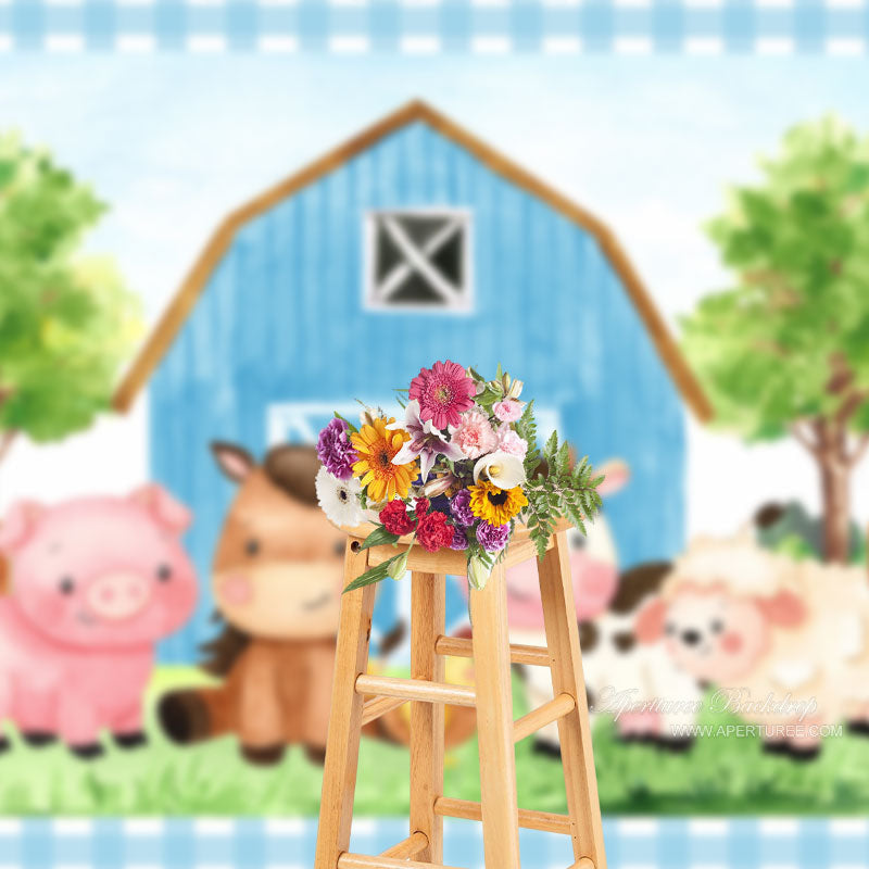 Aperturee - Blue Farmhouse Animals Forest Photography Backdrop