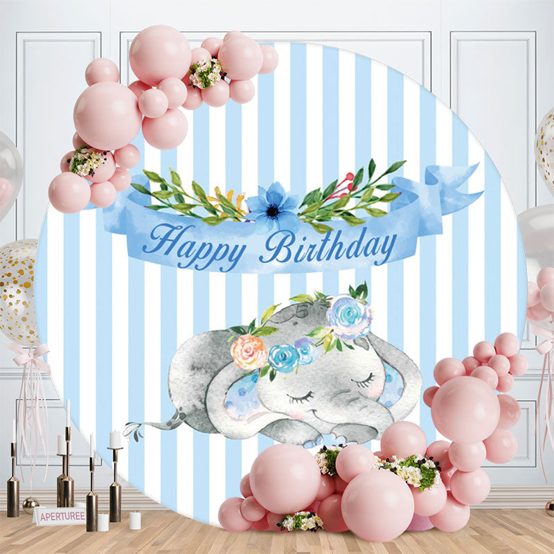 Aperturee - Blue Floral Elephant Round Birthday Backdrop