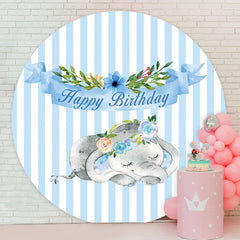 Aperturee - Blue Floral Elephant Round Birthday Backdrop