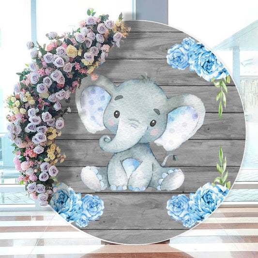 Aperturee - Blue Rose Elephant Wooden Round Baby Shower Backdrop