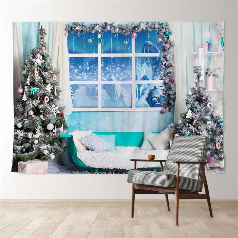 Aperturee - Blue Theme Winter Room Snowy Tree Xmas Backdrop