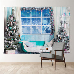 Aperturee - Blue Theme Winter Room Snowy Tree Xmas Backdrop