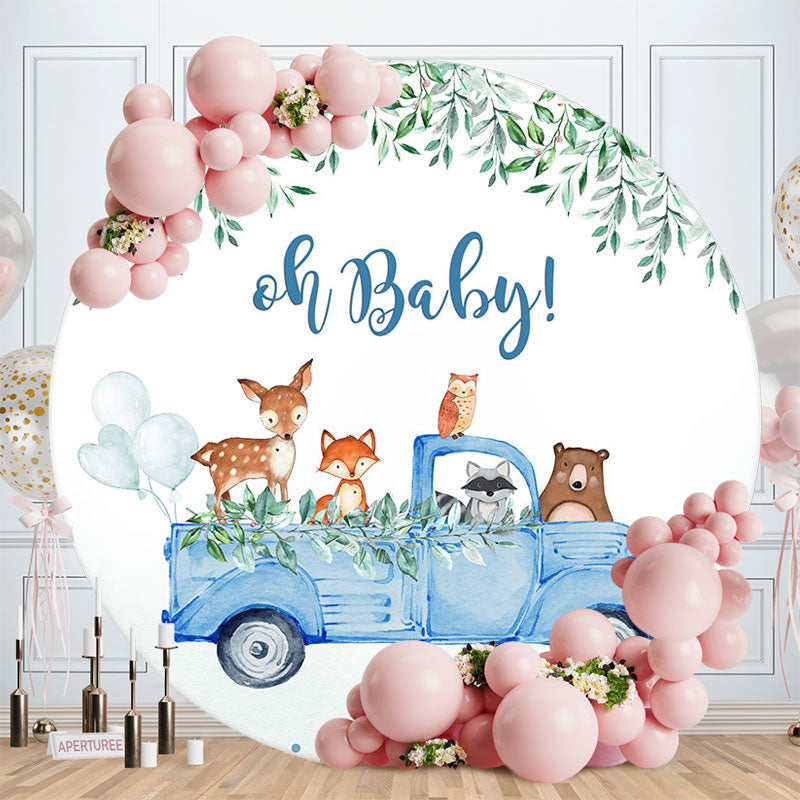 Aperturee - Blue Truck Animals Baby Shower Round Backdrop