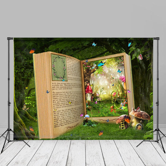 Aperturee - Book Forest Butterfly Mushroom House Spring Backdrop