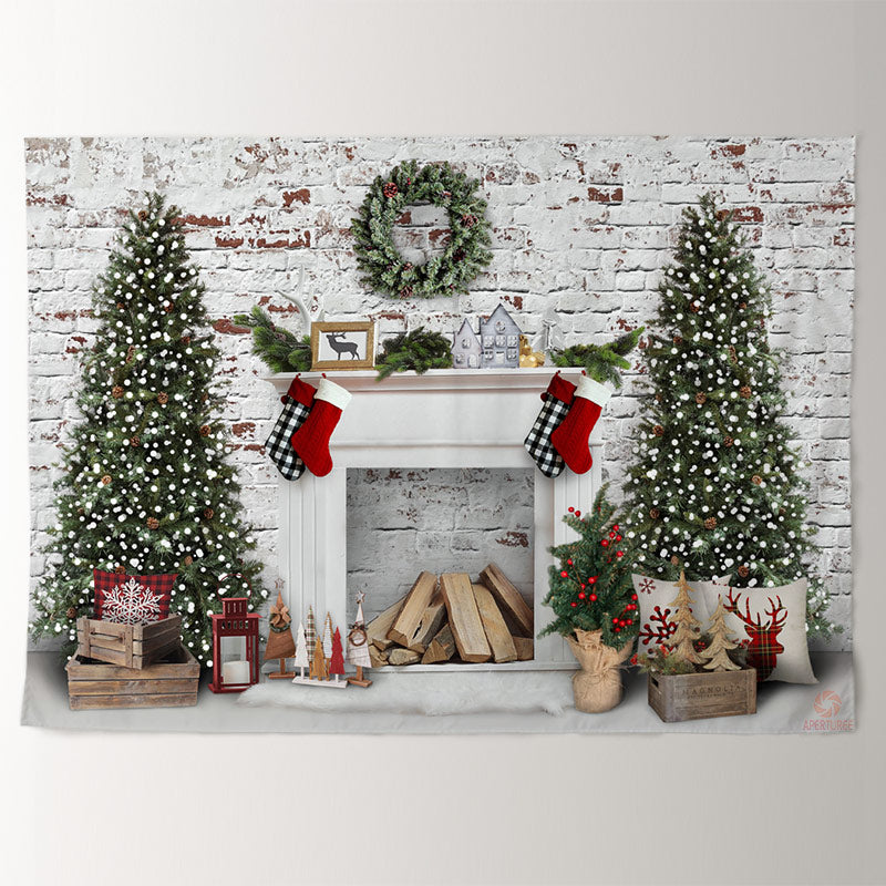 Aperturee - Brick Wall Wreath Tree White Christmas Backdrop