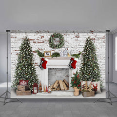 Aperturee - Brick Wall Wreath Tree White Christmas Backdrop