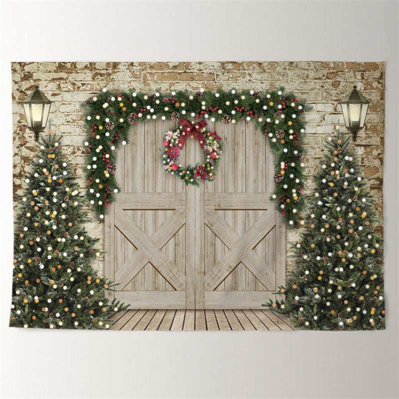Aperturee - Brick Wood Door Xmas Tree Wreath Winter Backdrop