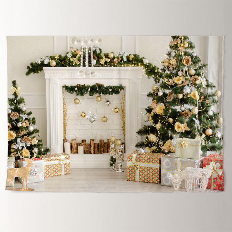 Aperturee - Bright White Christmas Gift Tree Holiday Backdrop