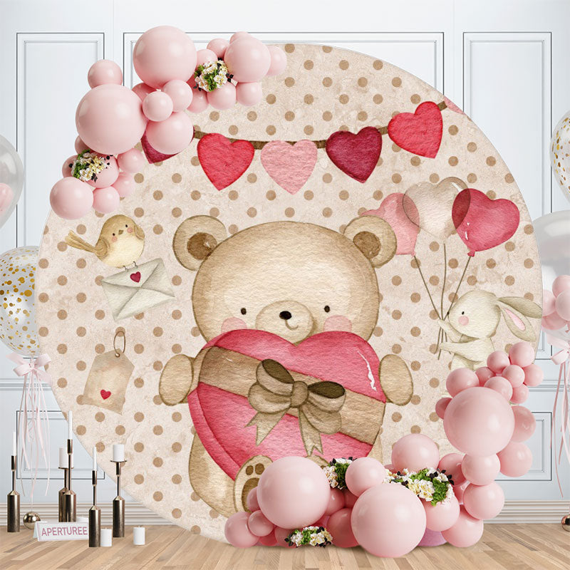 Aperturee - Brown Love Teddy Bear Round Valentines Backdrop