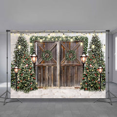 Aperturee - Brown Wood Door Light Wreath Christmas Backdrop