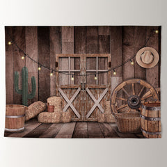 Aperturee - Cabin Wood Door Farm Tools Cacti Winter Backdrop