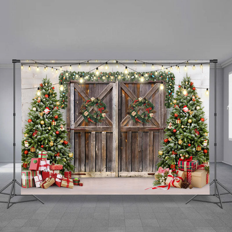 Aperturee - Christmas Wreath Cabin Tree Gift Holiday Backdrop