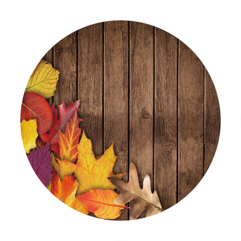 Aperturee - Circle Autumn Leaves Round Wood Birthday Backdrop
