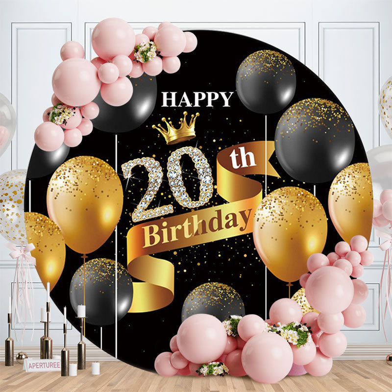 Aperturee - Circle Black Gold Balloon 20Th Birthday Backdrop