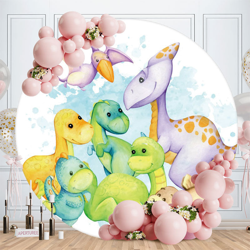 Aperturee - Circle Cute Dinosaur Round Birthday Backdrop