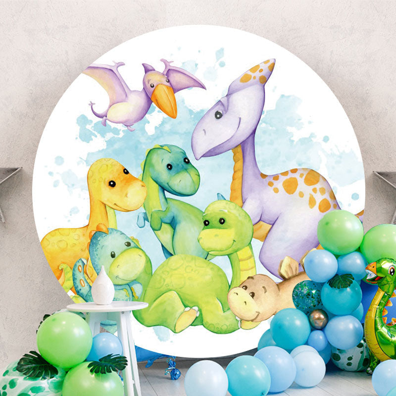 Aperturee - Circle Cute Dinosaur Round Birthday Backdrop