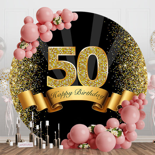 Aperturee - Circle Gold Glitter Ribbon 50 Birthday Backdrop