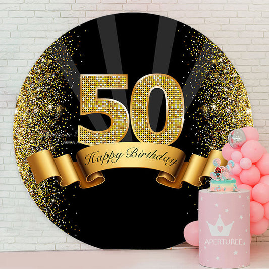 Aperturee - Circle Gold Glitter Ribbon 50 Birthday Backdrop