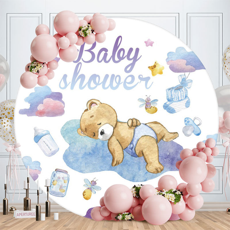Aperturee - Circle Purple Blue Bear Baby Shower Backdrop