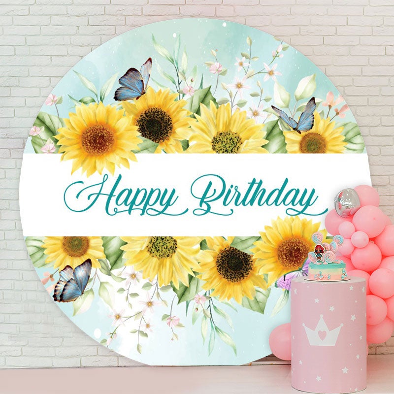 Aperturee - Circle Sunflower Butterfly Happy Birthday Backdrop