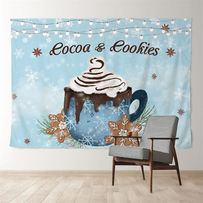 Aperturee - Cocoa Cookies Snowflake Light Blue Winter Backdrop