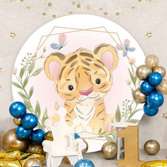 Aperturee - Cute Little Tiger Round Pink Baby Shower Backdrop