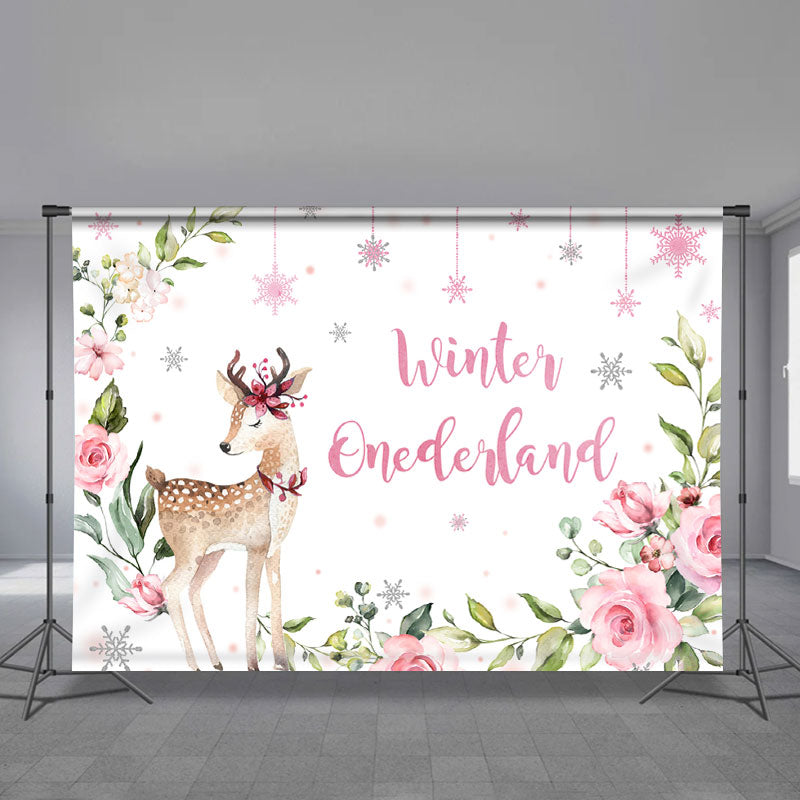 Aperturee - Deer Winter Onederland Floral Birthday Backdrop