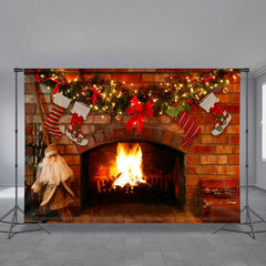Aperturee - Fireplace Beardman Light Wreath Christmas Backdrop
