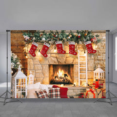 Aperturee - Fireplace Light Stock Ladder Christmas Backdrop