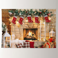 Aperturee - Fireplace Light Stock Ladder Christmas Backdrop