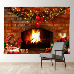 Aperturee - Fireplace Light Wreath Brick Family Xmas Backdrop