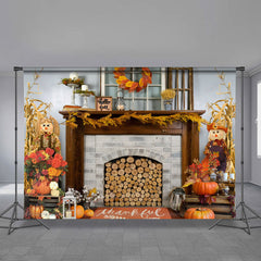 Aperturee - Fireplace Pumpkin Scarecrow Thanksgiving Backdrop