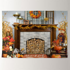 Aperturee - Fireplace Pumpkin Scarecrow Thanksgiving Backdrop
