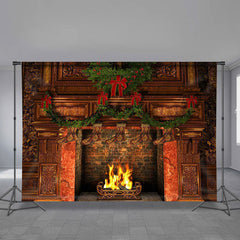 Aperturee - Fireplace Stocking Grass Wreath Christmas Backdrop