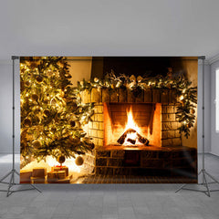 Aperturee - Fireplace Xtmas Tree Warm Yellow Lights Backdrop