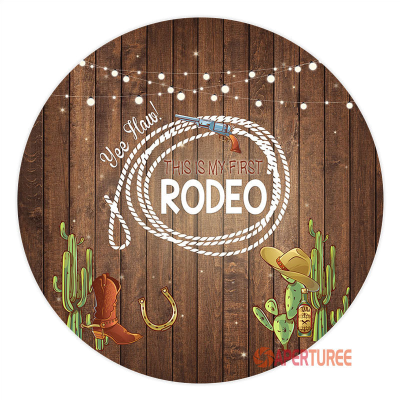 Aperturee - First Rodeo Cowboy Wood Round Birthday Backdrop