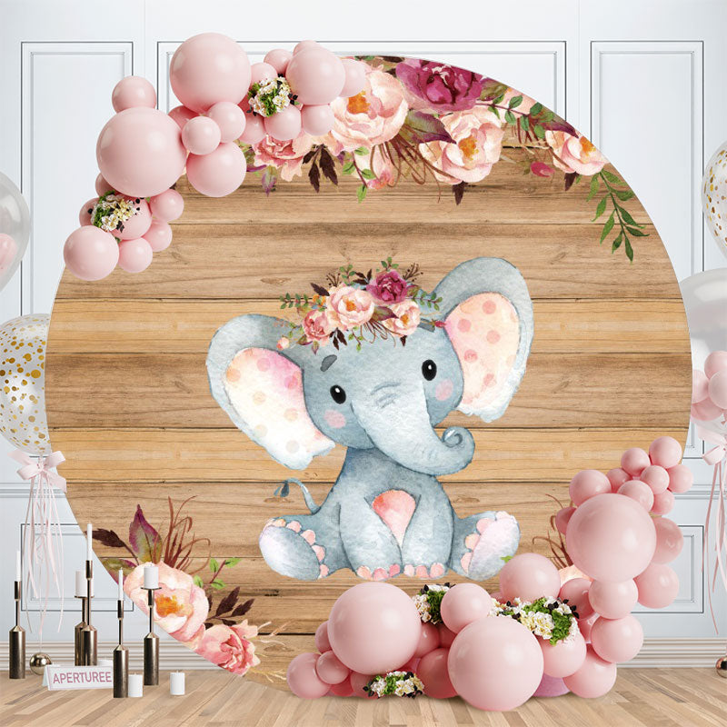 Aperturee - Floral Elephant Round Wood Baby Shower Backdrop