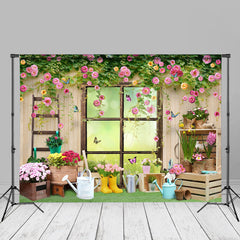 Aperturee - Floral Garden Wooden Wall Window Bokeh Photo Backdrop