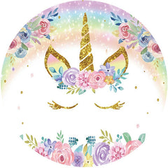 Aperturee - Floral Giltter Unicorn Rainbow Round Birthday Backdrop