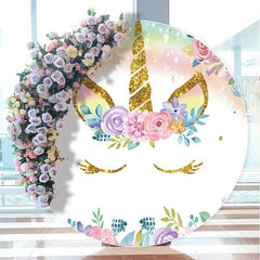 Aperturee - Floral Giltter Unicorn Rainbow Round Birthday Backdrop