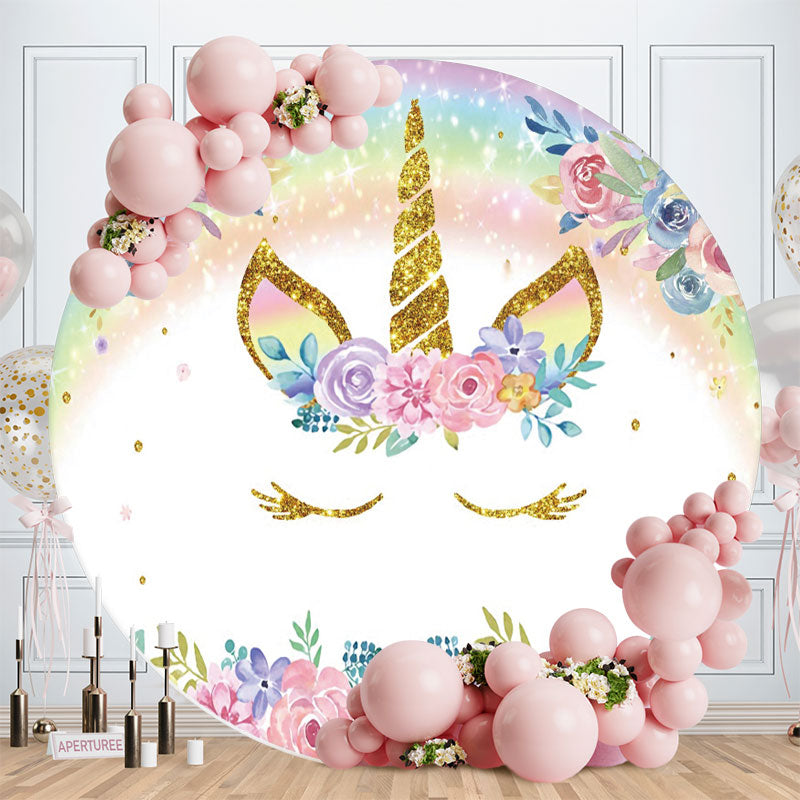 Aperturee - Floral Giltter Unicorn Rainbow Round Birthday Backdrop