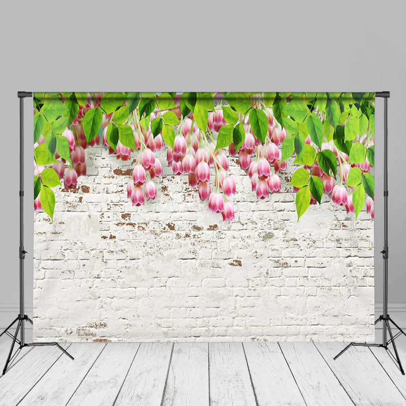 Aperturee - Floral White Brick Wall Spring Backdrop For Wedding