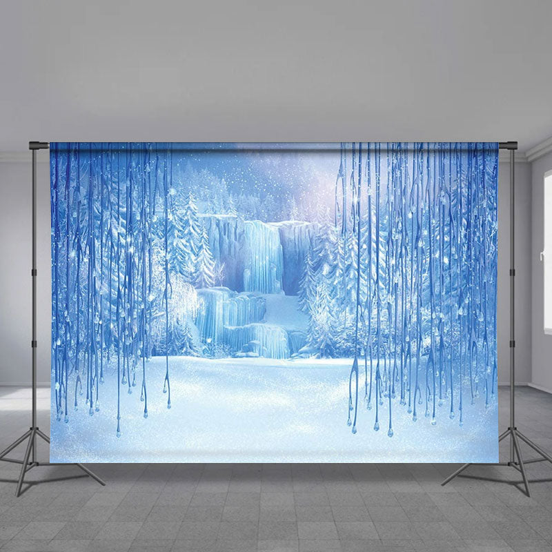 Aperturee - Frozen Forest Blue World Waterfall Winter Backdrop