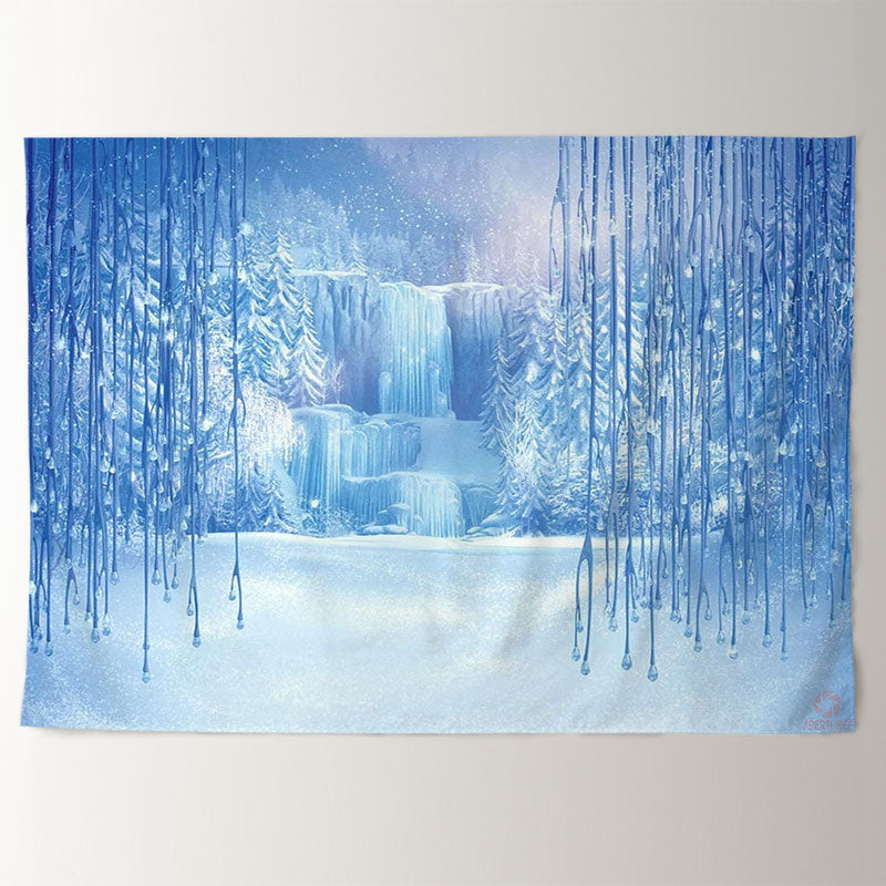 Aperturee - Frozen Forest Blue World Waterfall Winter Backdrop