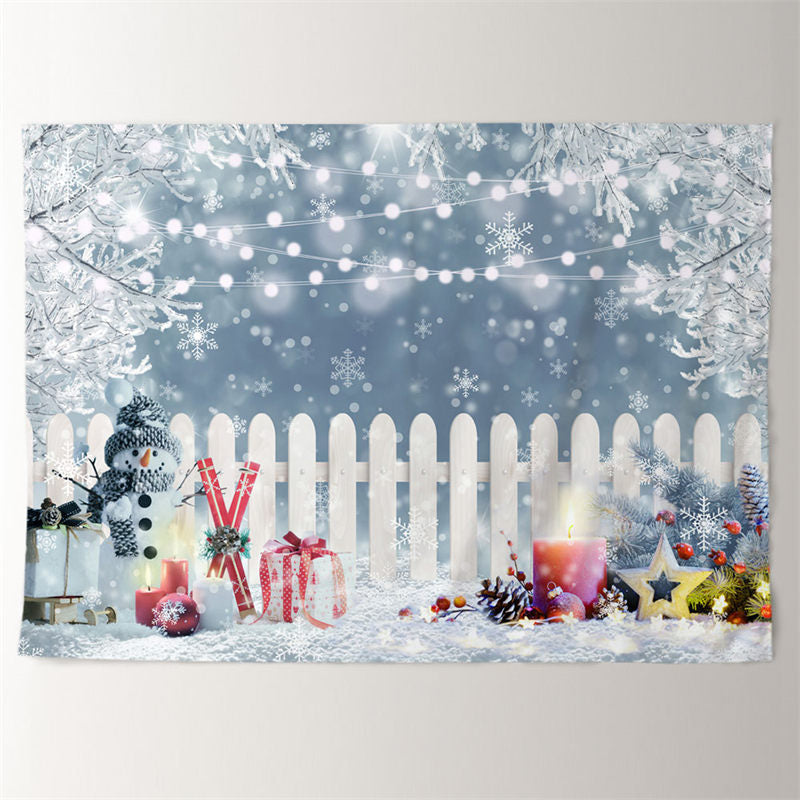 Aperturee - Gifts White Fence Light Snowy Christmas Backdrop