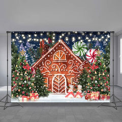 Aperturee - Gingerbread House Candy Tree Snow Xmas Backdrop