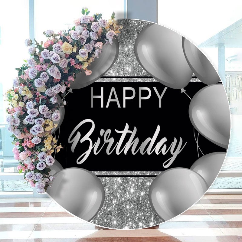 Aperturee - Glitter Silver Balloon Happy Birthday Round Backdrop